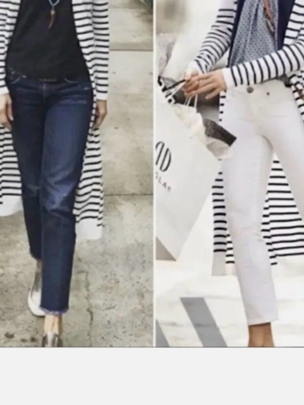 CAbi Long Navy and White Striped Duster Cardigan
